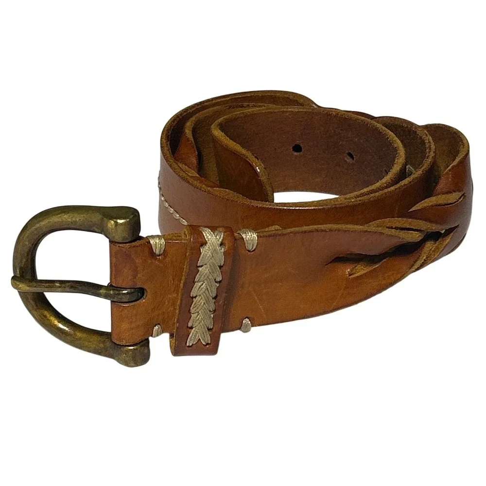 Handmade Brown Leather Mystery Braided Western Stitch Twist Belt Large (31